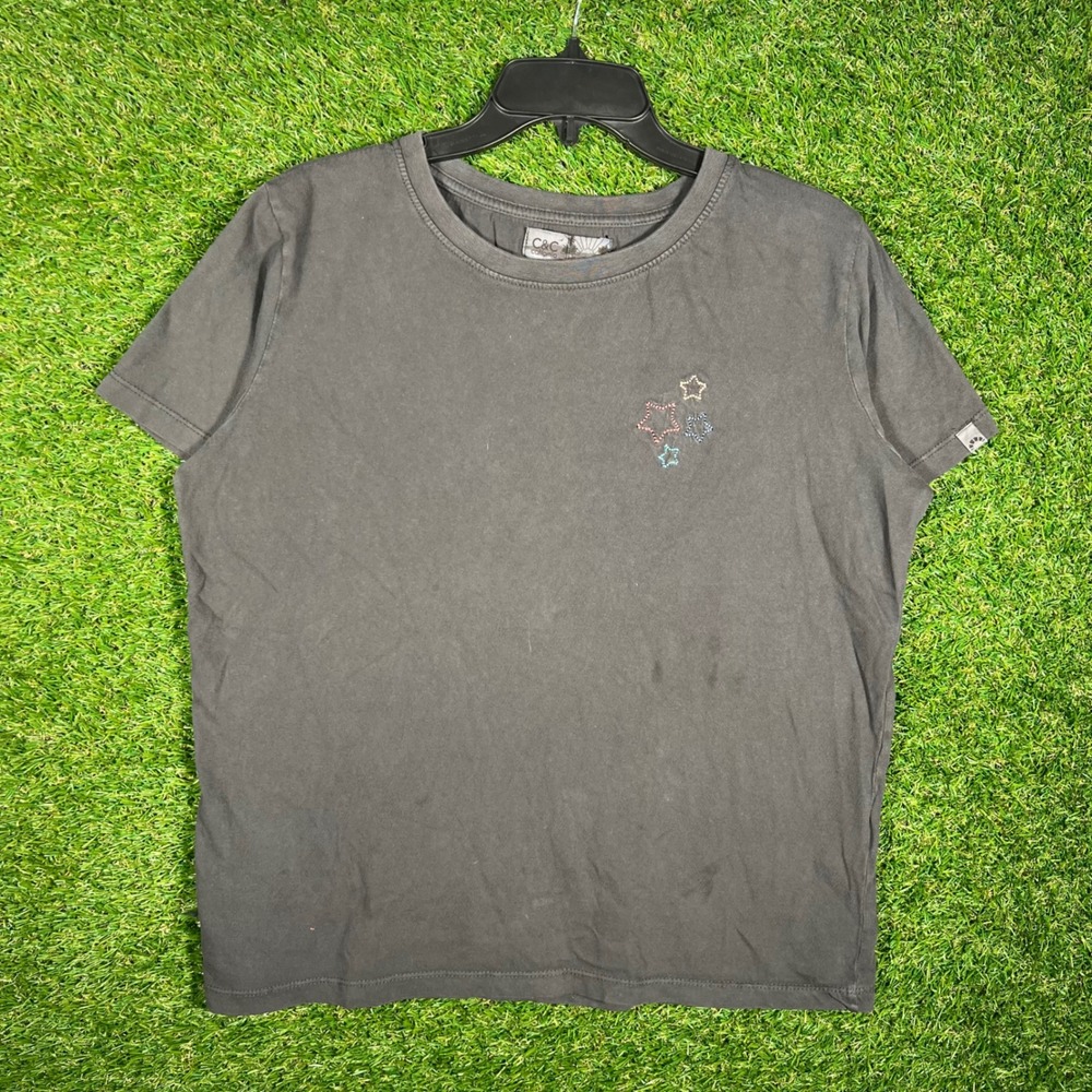 C&C California‎ Sunwashed T-Shirt Large Charcoal Grey Embroidered Stars 2549